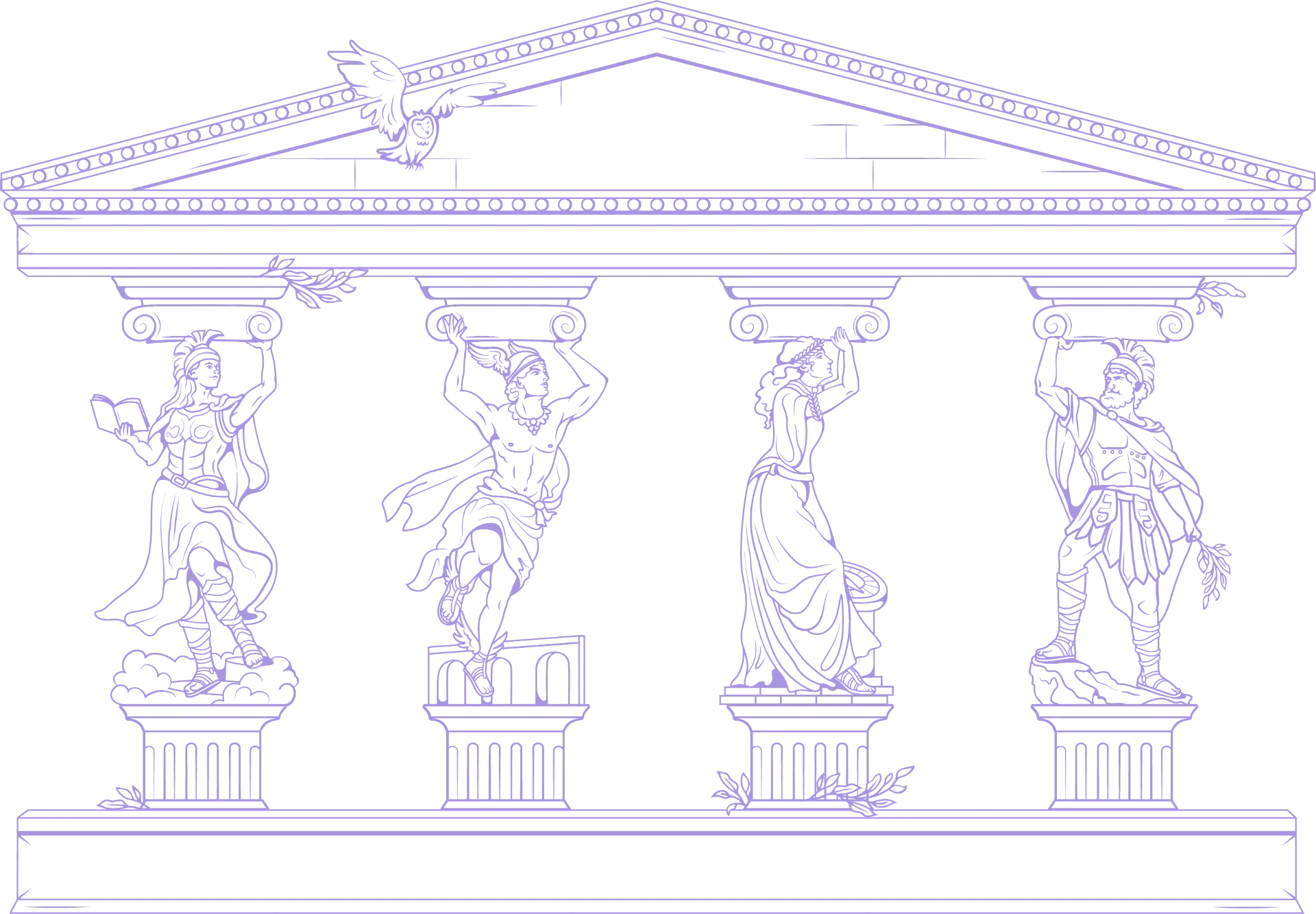Four classical figures each holding up one column of a temple